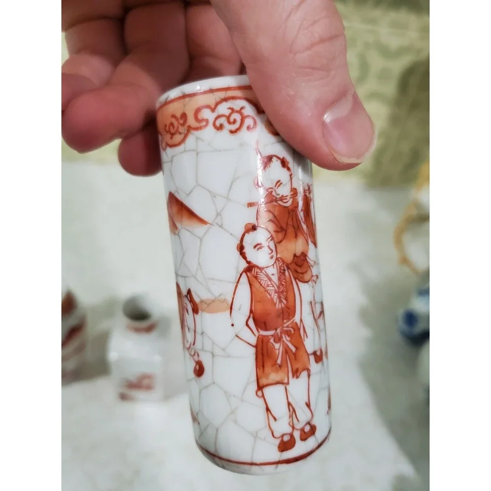 Oriental Objects D'Art Orange & White Crackle Mini Vases Decorative  Macau Lot 4